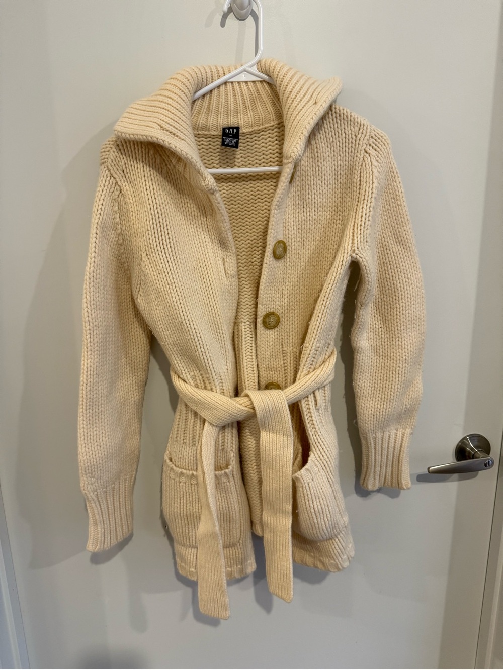 GAP Cream Belted Shawl-Collar Knit Cardigan
